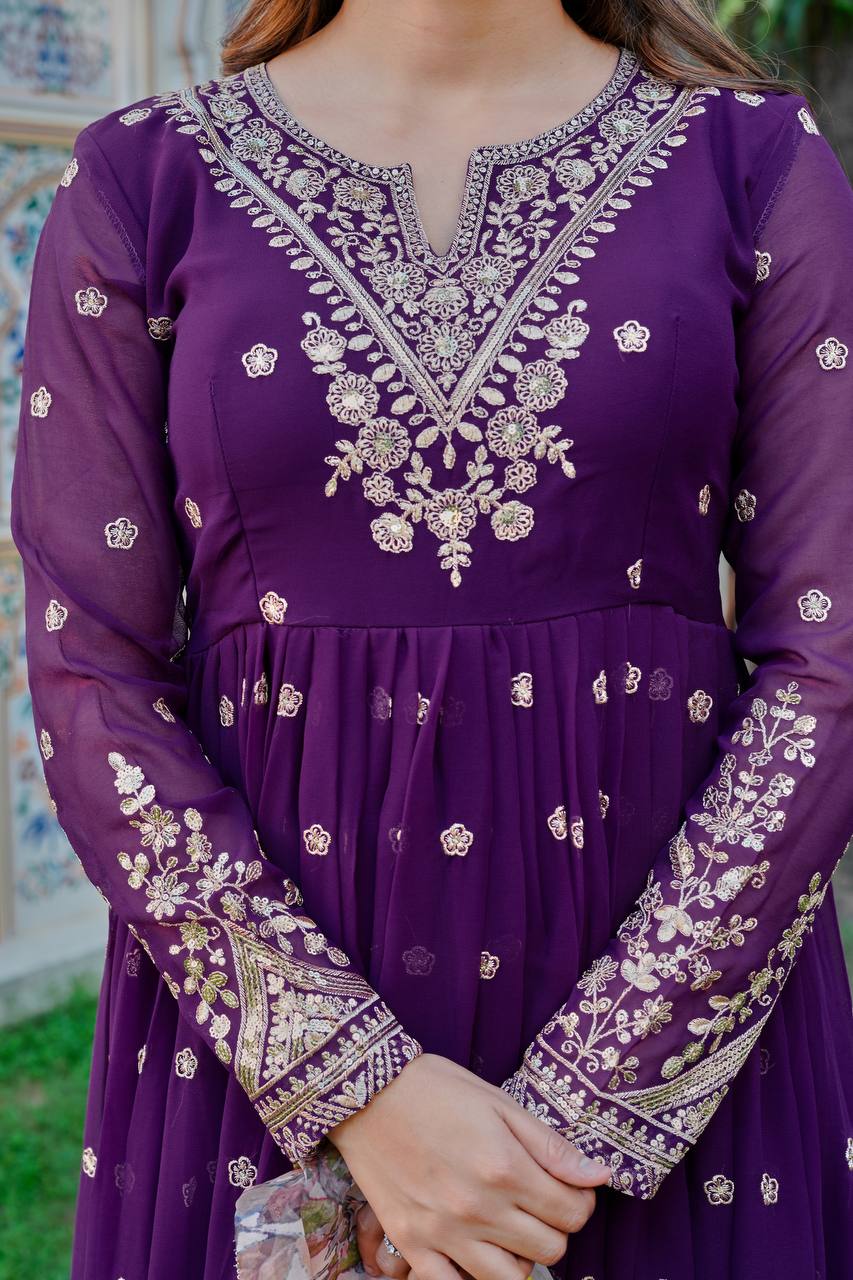 Elegant Purple Georgette Gown Set With Pant And Organza Dupatta