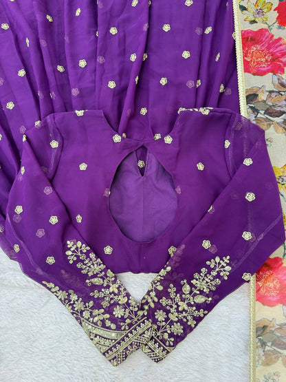 Elegant Purple Georgette Gown Set With Pant And Organza Dupatta