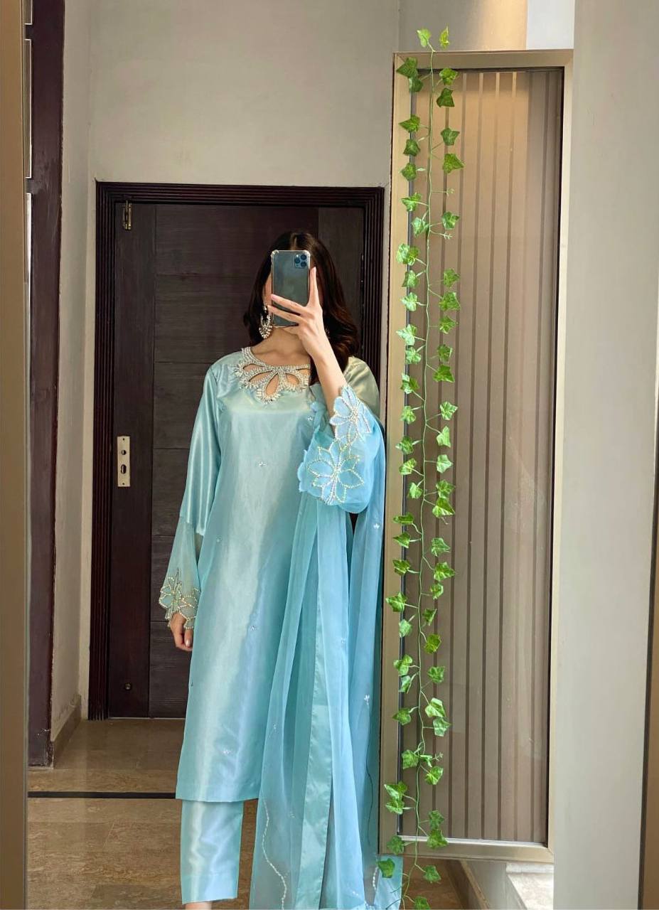 Beautiful Sky Blue Color Embroidery With Beads And Sequence Work Salwar Suit