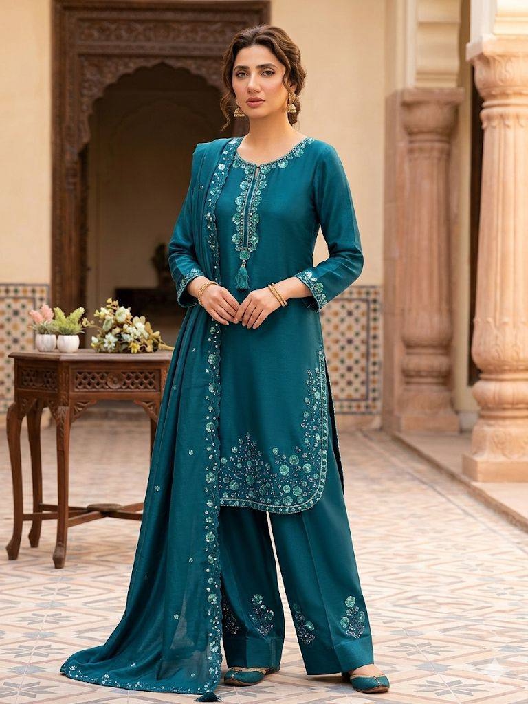 Gorgeous Wedding Wear Sky Blue Color Chinon Farshi Suit