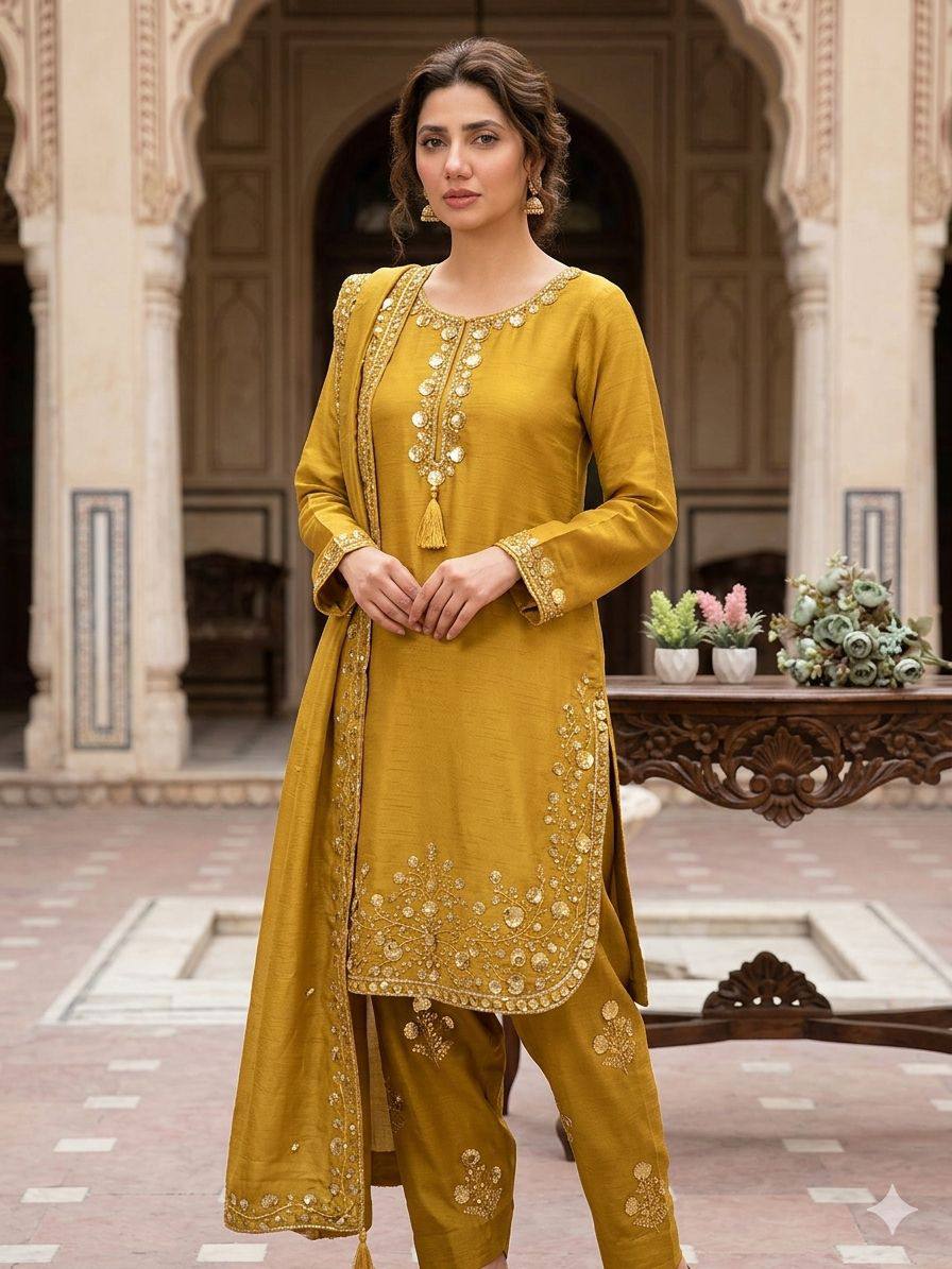 Good Looking Yellow Color Chinon Farshi Suit With Dupatta