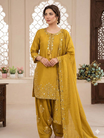 Good Looking Yellow Color Chinon Farshi Suit With Dupatta