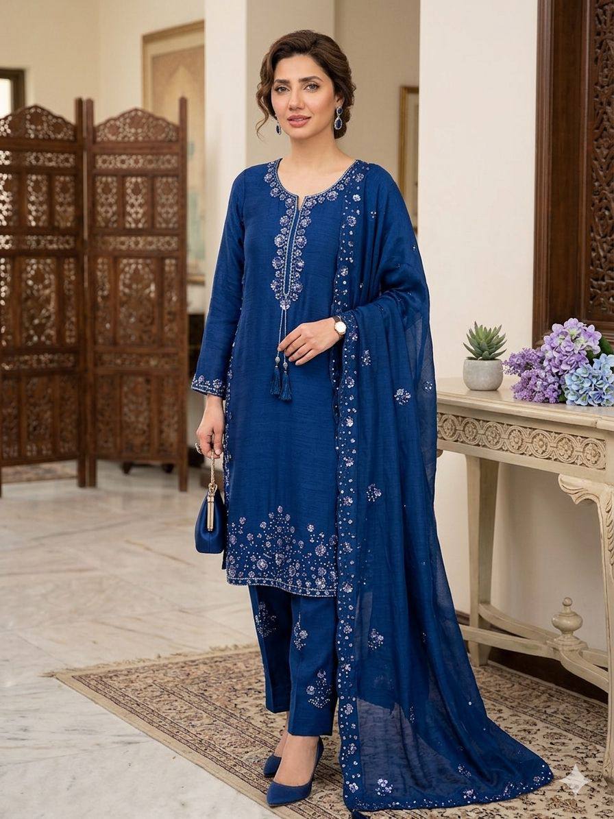 Alluring Blue Color Sequence Embroidered Suit With Dupatta