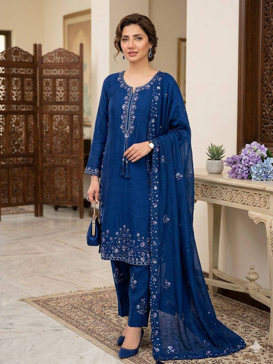 Alluring Blue Color Sequence Embroidered Suit With Dupatta