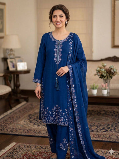 Alluring Blue Color Sequence Embroidered Suit With Dupatta