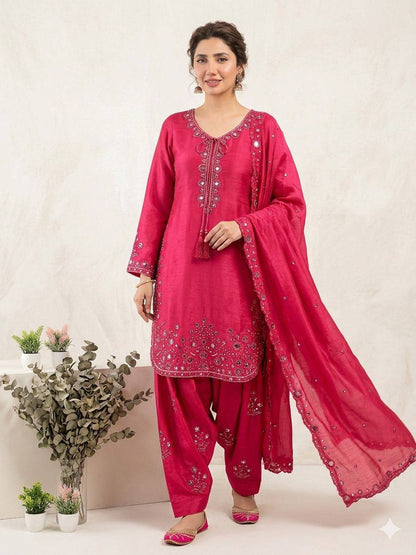 Marvelous Pink Color Embroidery Work Chinon Farshi Suit
