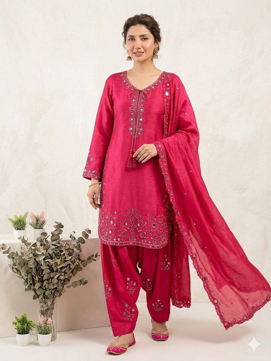 Marvelous Pink Color Embroidery Work Chinon Farshi Suit