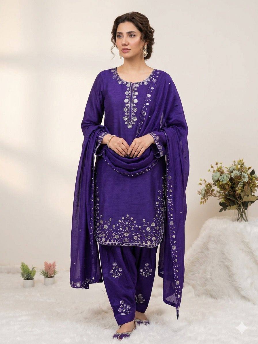 Embellished Purple Color Chinon Farshi Suit Set