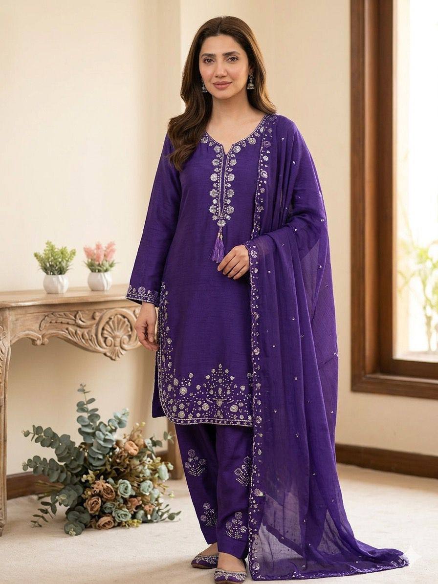 Embellished Purple Color Chinon Farshi Suit Set