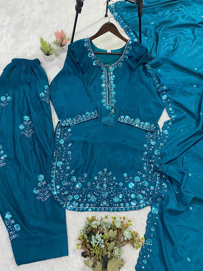 Gorgeous Wedding Wear Sky Blue Color Chinon Farshi Suit