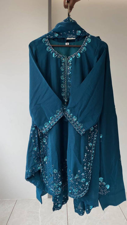 Gorgeous Wedding Wear Sky Blue Color Chinon Farshi Suit