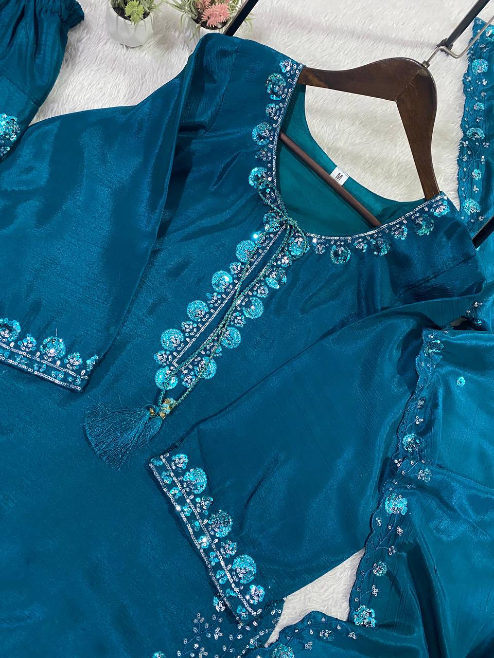 Gorgeous Wedding Wear Sky Blue Color Chinon Farshi Suit