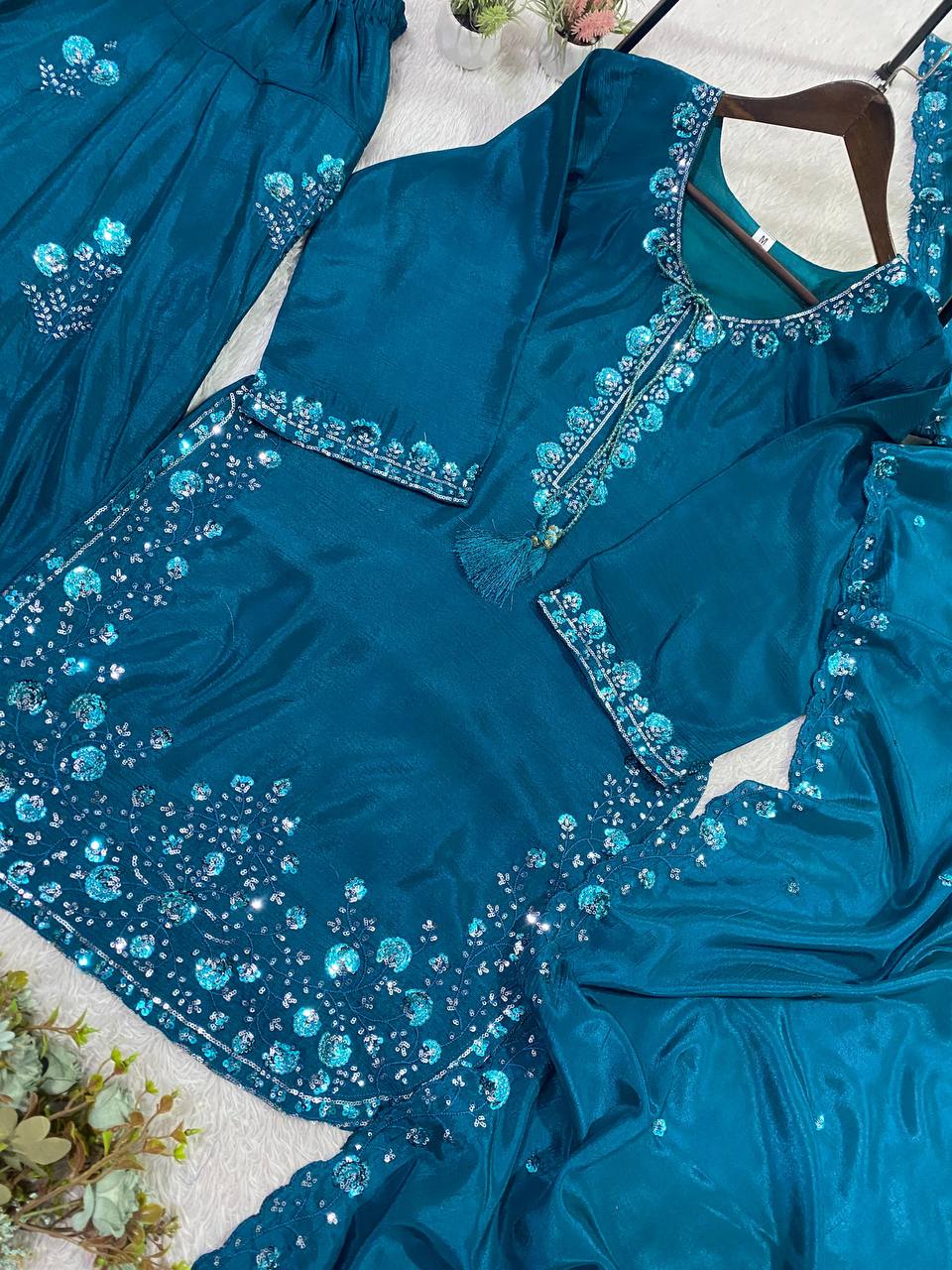 Gorgeous Wedding Wear Sky Blue Color Chinon Farshi Suit