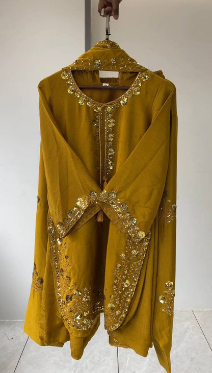 Good Looking Yellow Color Chinon Farshi Suit With Dupatta