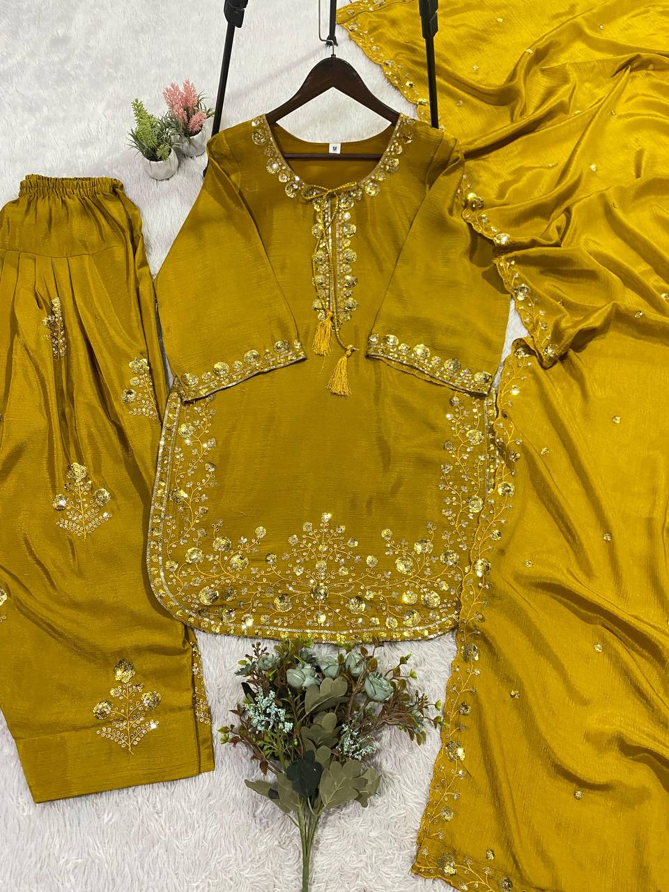 Good Looking Yellow Color Chinon Farshi Suit With Dupatta