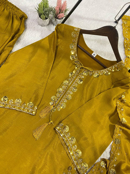 Good Looking Yellow Color Chinon Farshi Suit With Dupatta