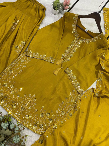 Good Looking Yellow Color Chinon Farshi Suit With Dupatta