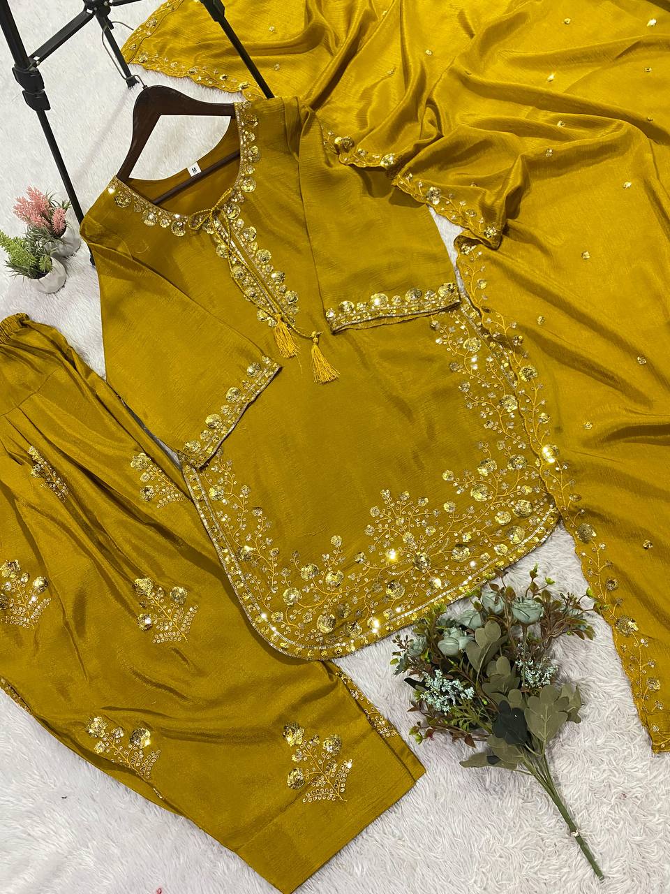 Good Looking Yellow Color Chinon Farshi Suit With Dupatta