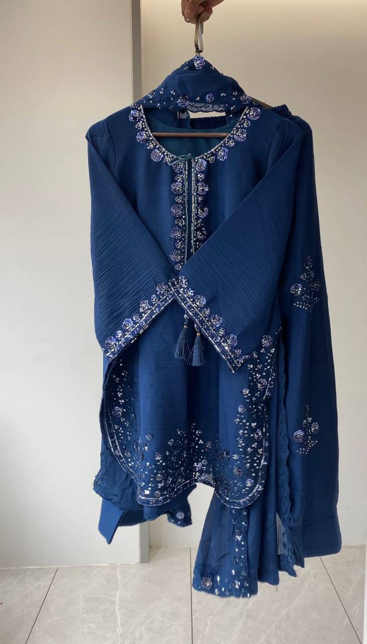 Alluring Blue Color Sequence Embroidered Suit With Dupatta