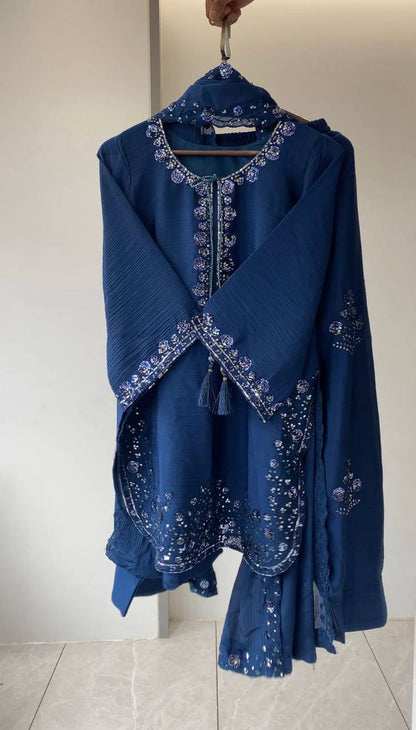 Alluring Blue Color Sequence Embroidered Suit With Dupatta