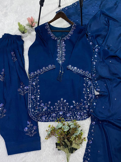 Alluring Blue Color Sequence Embroidered Suit With Dupatta