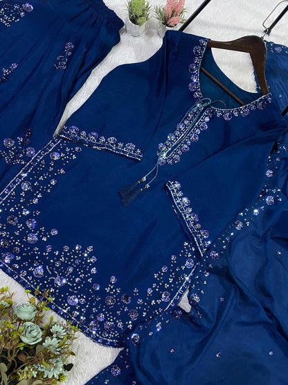 Alluring Blue Color Sequence Embroidered Suit With Dupatta