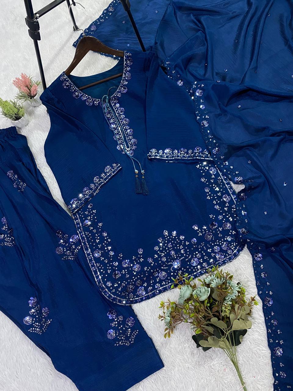 Alluring Blue Color Sequence Embroidered Suit With Dupatta
