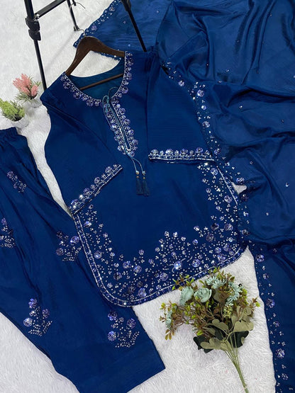 Alluring Blue Color Sequence Embroidered Suit With Dupatta
