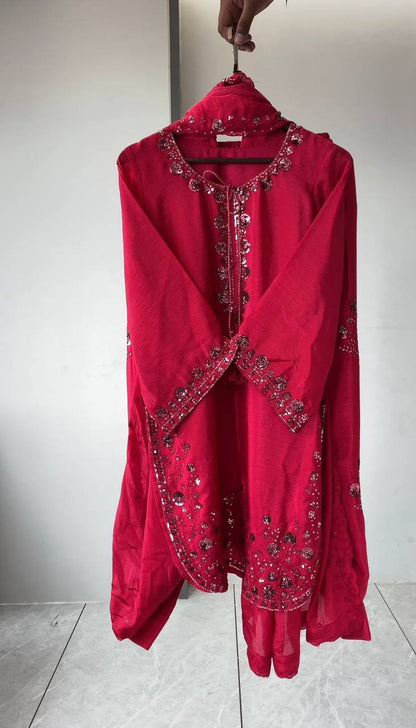 Marvelous Pink Color Embroidery Work Chinon Farshi Suit