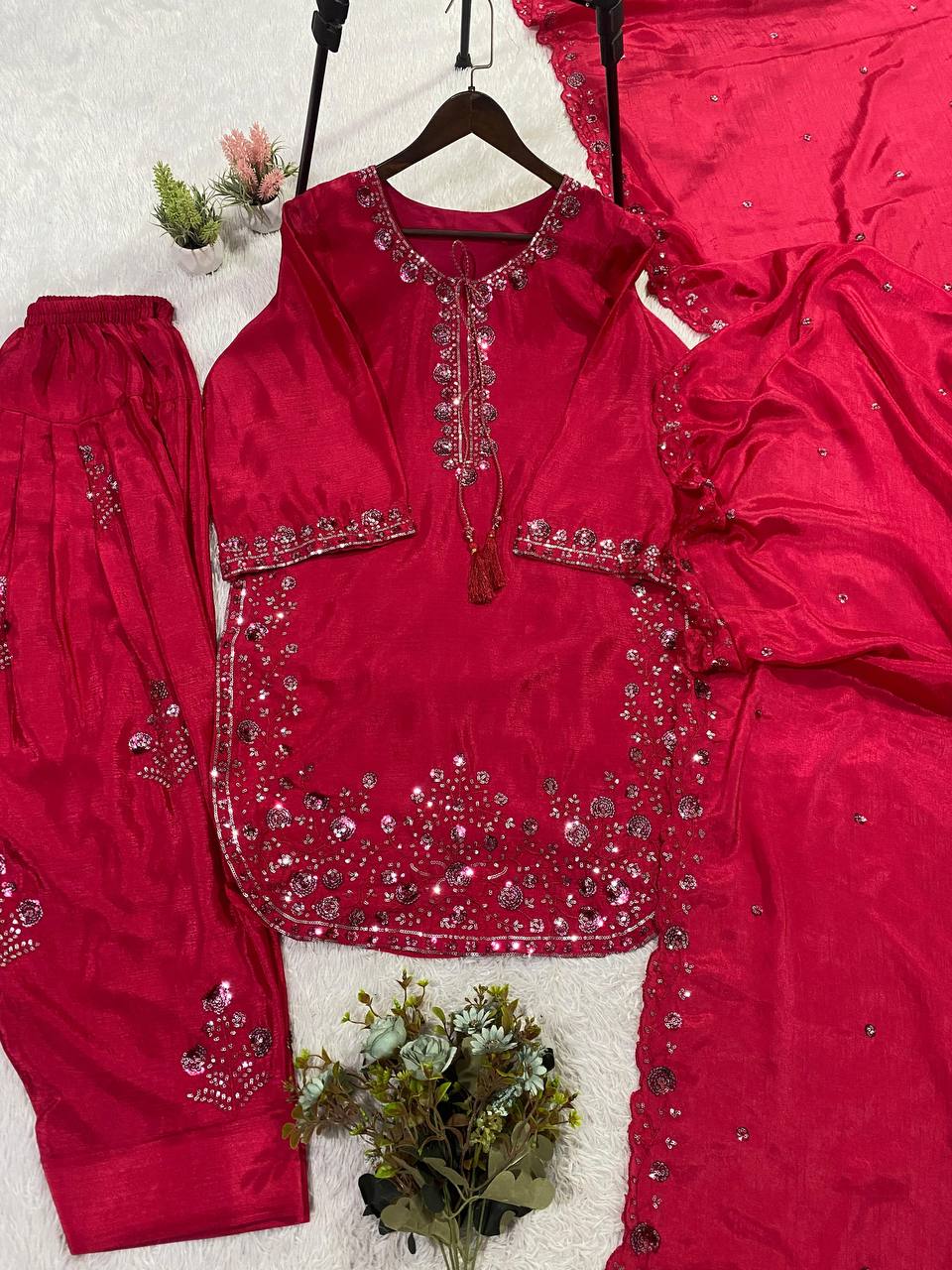 Marvelous Pink Color Embroidery Work Chinon Farshi Suit