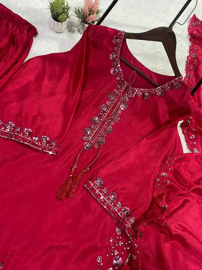 Marvelous Pink Color Embroidery Work Chinon Farshi Suit