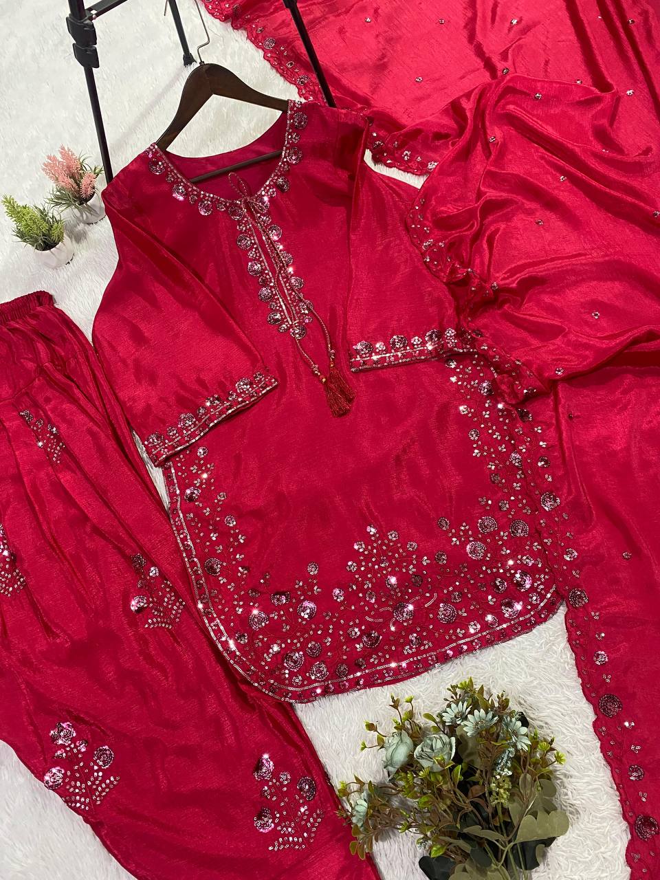 Marvelous Pink Color Embroidery Work Chinon Farshi Suit