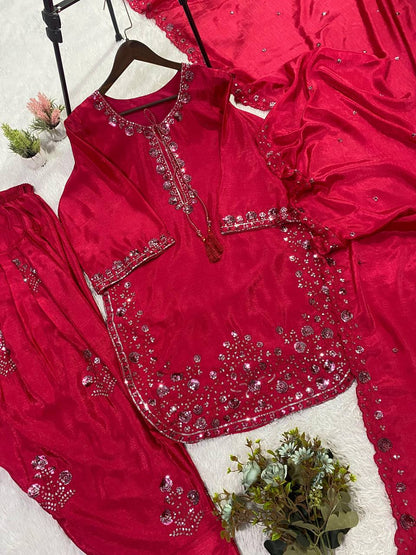 Marvelous Pink Color Embroidery Work Chinon Farshi Suit