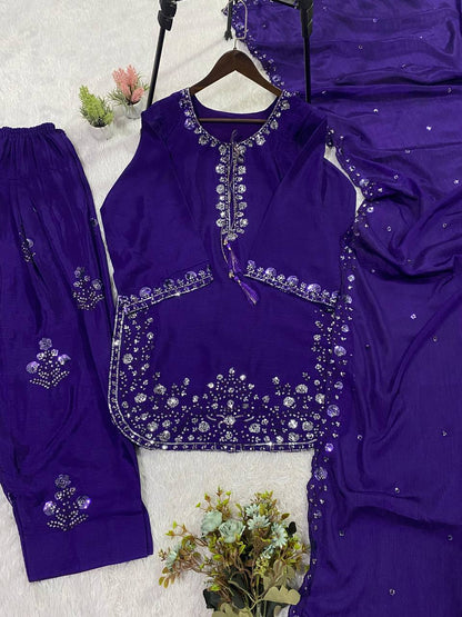 Embellished Purple Color Chinon Farshi Suit Set