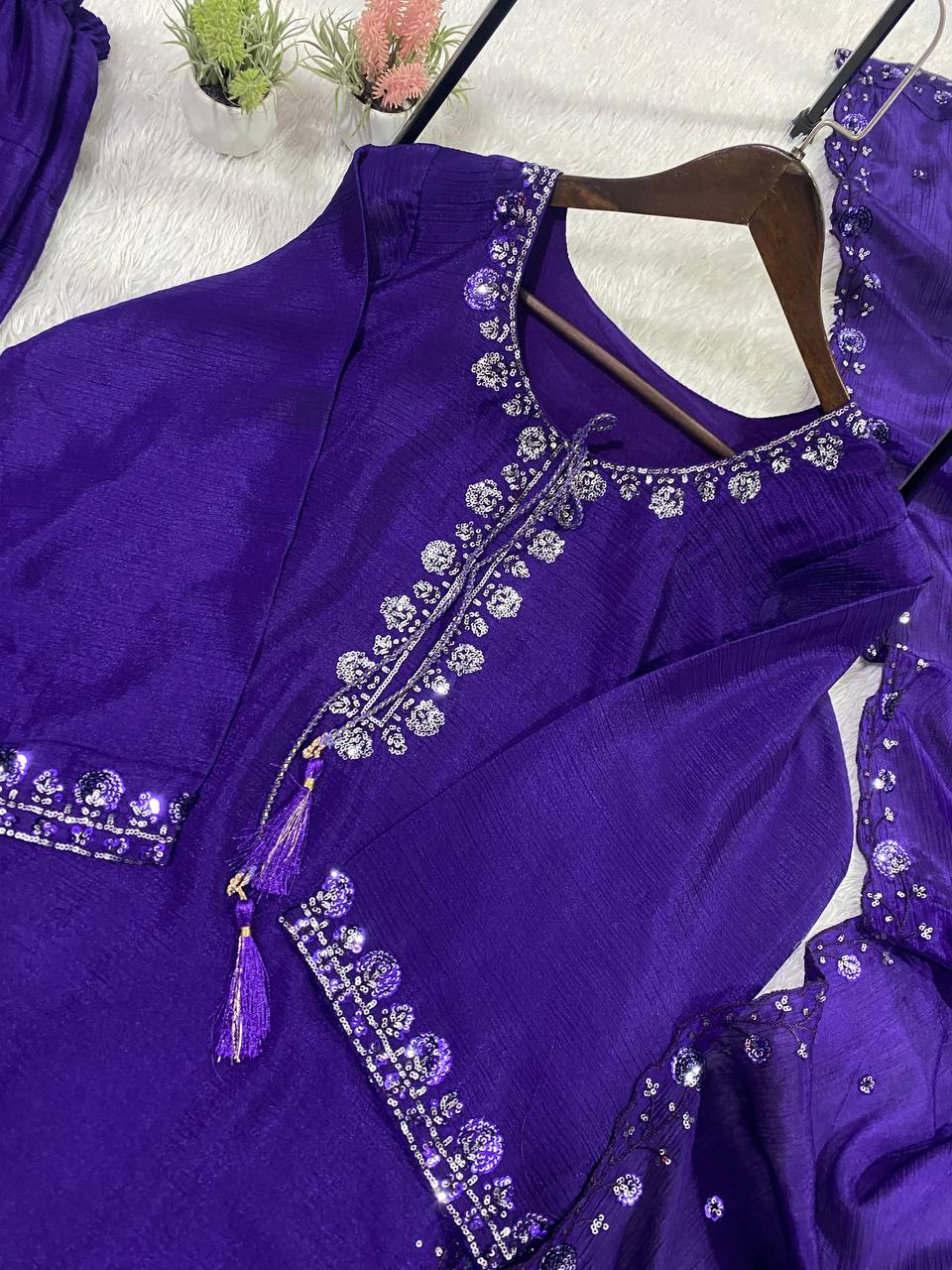 Embellished Purple Color Chinon Farshi Suit Set