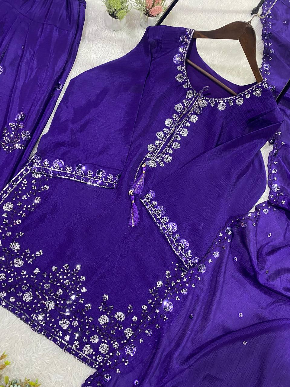 Embellished Purple Color Chinon Farshi Suit Set