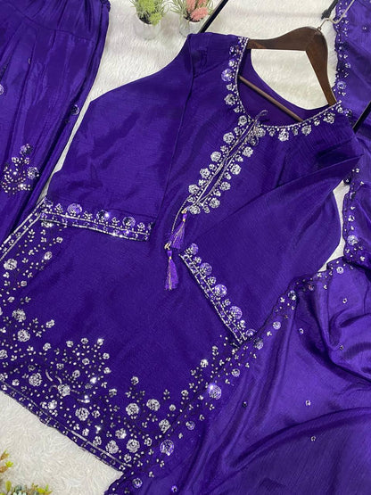 Embellished Purple Color Chinon Farshi Suit Set