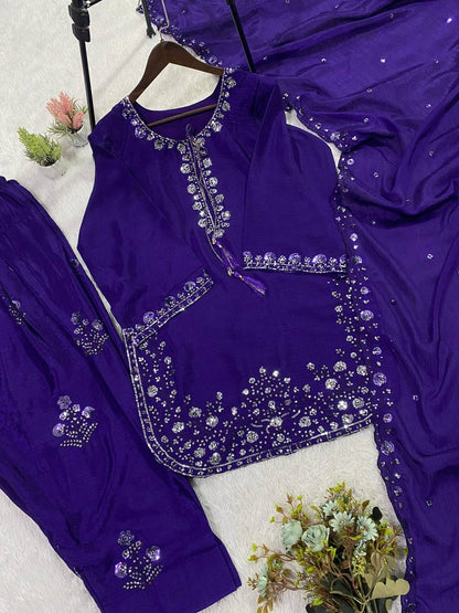 Embellished Purple Color Chinon Farshi Suit Set