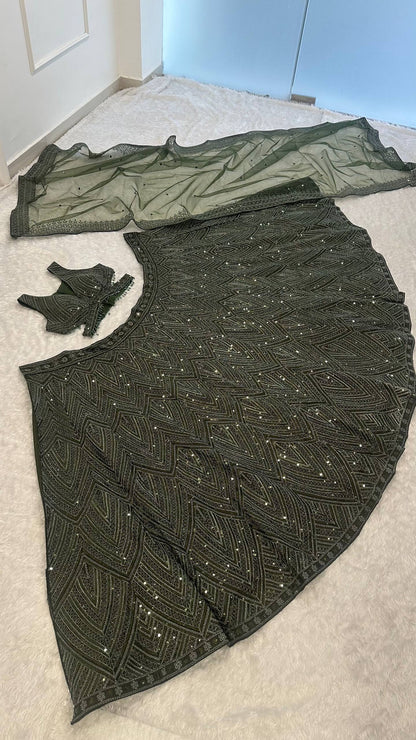 Engagement Wear Green Color Sequence Thread Embroidery Work Lehenga Choli