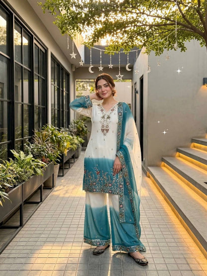 Captivating Sky Blue Heavy Dual Tone Georgette Color Palazzo Suit