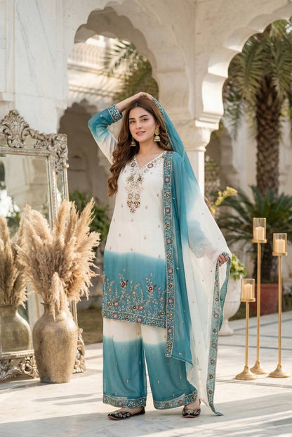 Captivating Sky Blue Heavy Dual Tone Georgette Color Palazzo Suit