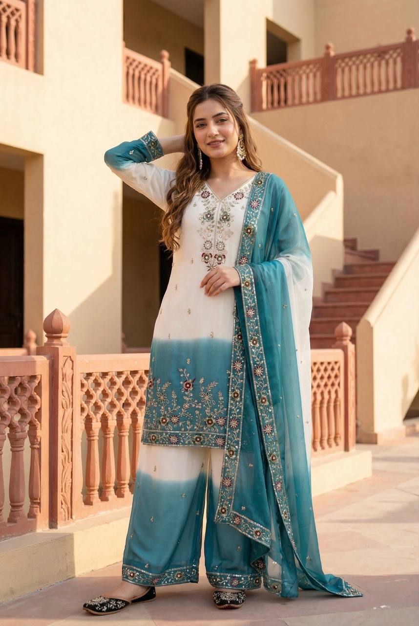 Captivating Sky Blue Heavy Dual Tone Georgette Color Palazzo Suit