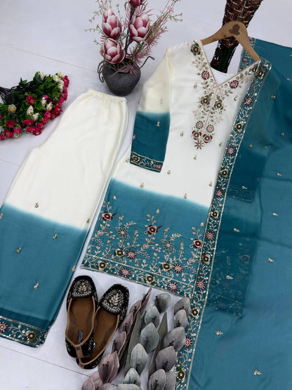 Captivating Sky Blue Heavy Dual Tone Georgette Color Palazzo Suit