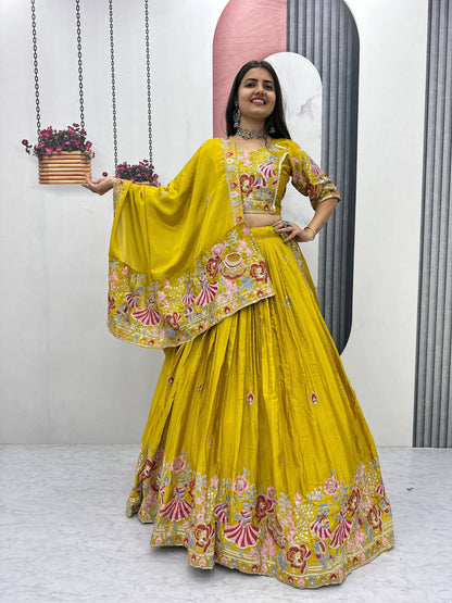 Haldi Special Wear Yellow Color Embroidery Lehenga Choli Set