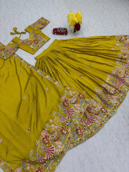 Haldi Special Wear Yellow Color Embroidery Lehenga Choli Set