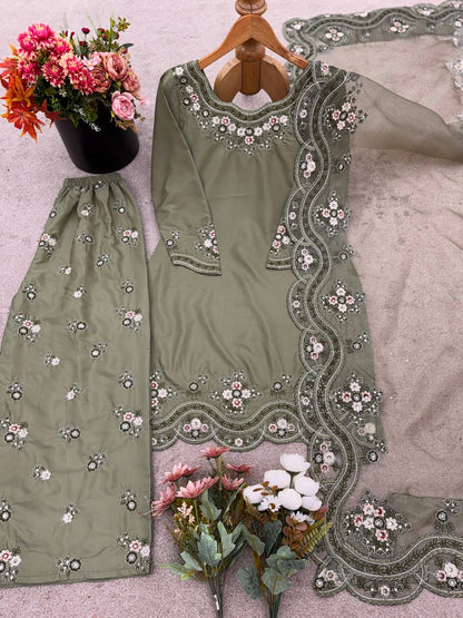 Function Wear Light Green Color French Crepe Silk And Embroidery With Sequence Work Beautiful Palazzo Suit