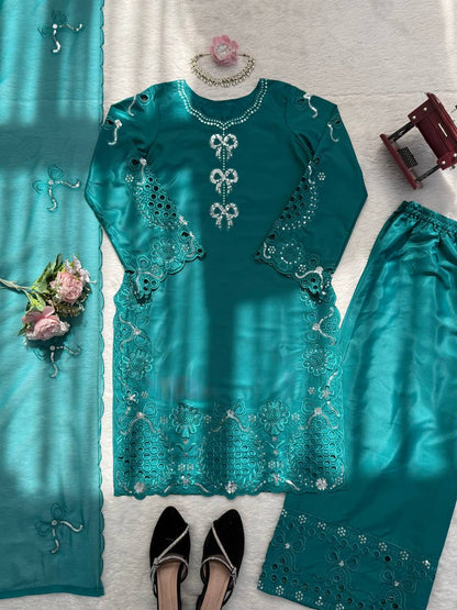 Pretty Sky Blue Color Crepe Silk Palazzo Suit