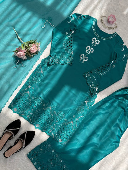 Pretty Sky Blue Color Crepe Silk Palazzo Suit