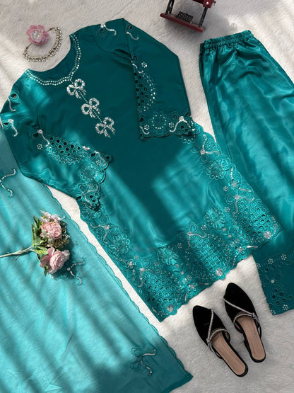 Pretty Sky Blue Color Crepe Silk Palazzo Suit