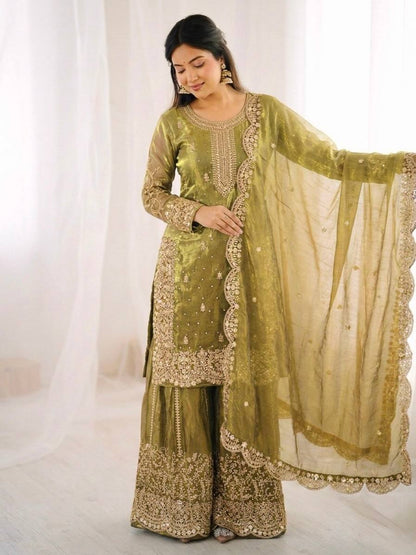 Opulent Mehndi Color Sequence Embroidered Sharara Suit With Dupatta